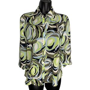 NY & Company Abstract Navy, Green, Button-down Collared Blouse Women's Small